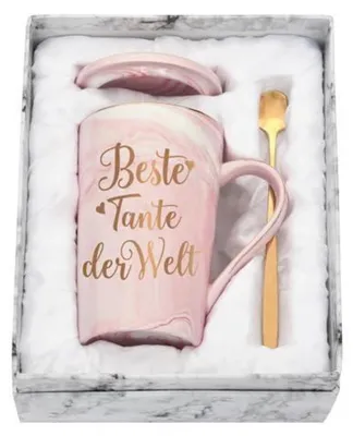 Productafbeelding van Koffiekop van keramiek met marmerlook, roze, 400 ml, met deksel en lepel, cadeauverpakking