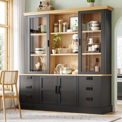 Produktbild von Großer Küchenschrank mit 6 Schubladen, Glastüren, Kippschutz & Metallführungen – Viel Stauraum für Küche & Esszimmer, Maße: 140x185 cm, Schwarz