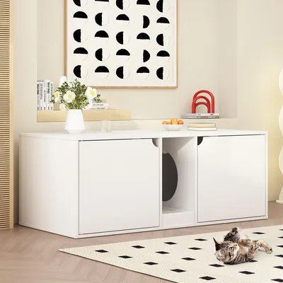 Produktbild von Katzenschrank, Katzentoilette, 4-türiger Katzenklo Schrank, Katzenhaus mit Tür und Abfallbehälter, Sitzbank, Weiß, MDF, 110 x 43 x 52,1 cm