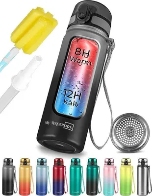 Produktbild von Famanu Thermosflasche 400 ml, 600 ml - Auslaufsicher mit Strohhalm oder Sieb, BPA-frei (Schwarz-Grau, 600 ml)