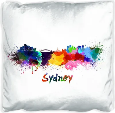 Produktbild von Wallario Premium Kissen, weiche Oberfläche, mit Motiv Städte als Aquarell - Skyline von Sydney, Größe: 30 x 30 cm, mit weißer Rückseite