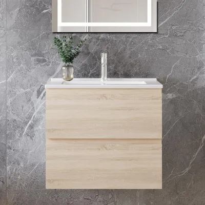 Produktbild von 60 cm Badmöbel-Set Unterschrank mit dünn Keramik waschtisch 2 Schubladen soft-close Eiche Matt Selbstmontierter