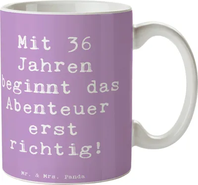 Produktbild von Mr. & Mrs. Panda Teetasse Spruch 36. Geburtstag Abenteuer - Lavendeltraum - Geschenk, Lebensfreude, Selbstfindung, besonderer Anlass, Alter, liebevoll handgefertigt