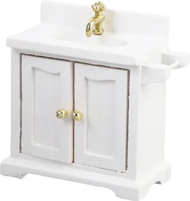 Immagine prodotto di Mobile lavabo per casa delle bambole in scala 1:16, da appoggio, doppia anta, bagno, mobili in miniatura in legno, bianco