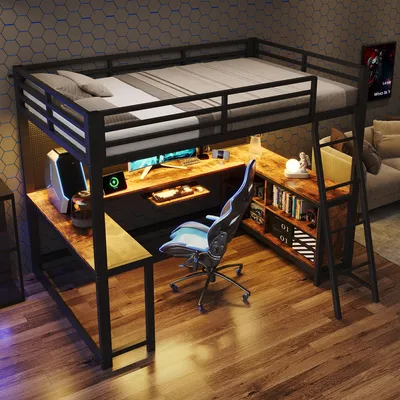 Obrázok produktu pre Hracská posteľ s rozmermi 120 x 200 cm, vybavená trojstranným písacím stolom, úložným priestorom, LED osvetlením, zásuvkou na klávesnicu a elektrickou zásuvkou, čierna s dreveným vzhľadom