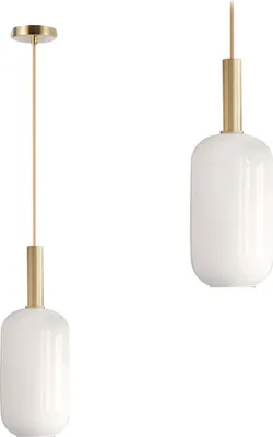 Two modern pendant lights with white glass shades and gold accents, displayed against a white background.