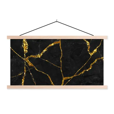 Produktbild von MuchoWow® Textilposter Marmor - Gold - Schwarz - Marmoroptik - Glitter 60x30 cm mit holzfarbenen Rahmen - Dekoration