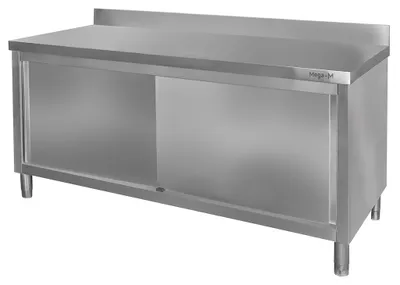 Zdjęcie produktu dla Stół gastronomiczny ze stali nierdzewnej Mega-M kuchenny przyścienny z szafką 180x70x85cm
