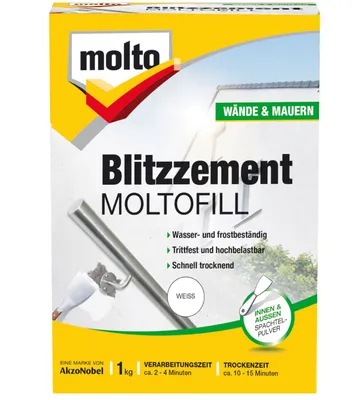 Produktbild von Molto Blitzzement Moltofill, Weiß, Basis, 1 kg, Puder, Mauerziegel, Beton, Putz, Auf Wasserbasis