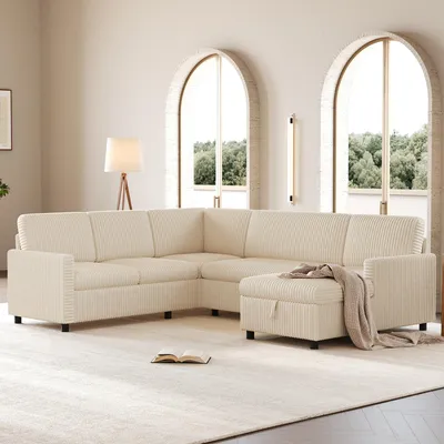 Produktbild von Merax 5 Sitzer U Form Schlafsofa Mit Schlaffunktion, Ausziehbares Ecksofa Mit Stauraum, Wohnlandschaft Mit Chaiselongue, Cord Soffa, Couch, Beige