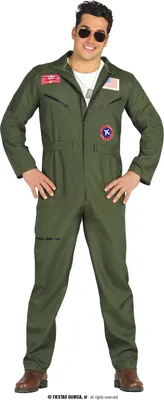 A man wearing a green pilot costume, including a flight suit, sunglasses, and boots, stands against a white background.