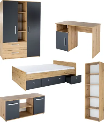 Produktbild von arthur berndt Jugendzimmer Set Alessio 6.teilig Kleiderschrank Schreibtisch 140 x 200 cm Bett inkl. Bettschubkästen Lowboard Standregal
