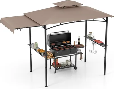 Produktbild von GOPLUS Grillpavillon, Grill Pavillon mit Seitenmarkise, Doppeldach, 2 Ablagen, 6 Haken & Flaschenöffner, 326x153x250 cm (Braun)