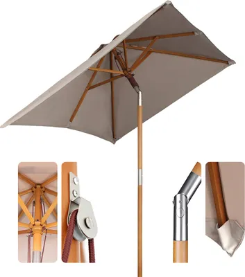 Produktbild von Sekey Sonnenschirm Ø 200 cm Rechteckig – Holz Balkonschirm, Marktschirm mit Knickgelenk, UV50+, für Garten & Terrasse, Taupe