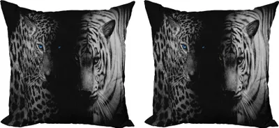Produktbild von ABAKUHAUS Leopard Kissenbezug Set (2Stück), Leoparden Mit Blauen Augen Aggressive Leistungsstarke Wildkatze Profil, 40 x 40 cm, Schwarz Weiß und Blau