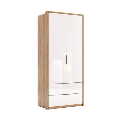 Produktbild von 2-türiger Kleiderschrank Weiß Hochglanz mit 2 Schubladen – 900 × 2110 × 585 mm