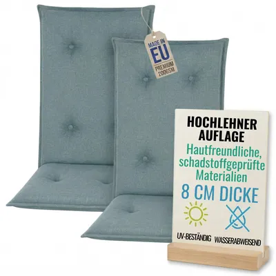 Produktbild von Pillows24 - 2x Hochlehner Auflagen 120x50x8 cm | Gesteppte Wetterfeste Gartenstuhlauflagen | Sitzkissen für  Gartenmöbel |   EU | Türkis