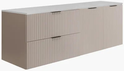 Produktbild von Badezimmer-Set: Schrank mit Schubladen und Schrank mit Türen 57×46×160 cm, Farbe: Kaschmir / weiß, schwarzer Griff