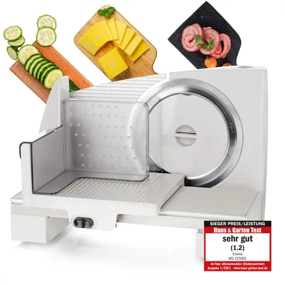 Productafbeelding van Emerio Multifunctionele Snijmachine – 110 W – Instelbare Snijdikte van 0–15 mm – Solinger RVS Mes – Allessnijder – Wit – MS-125001