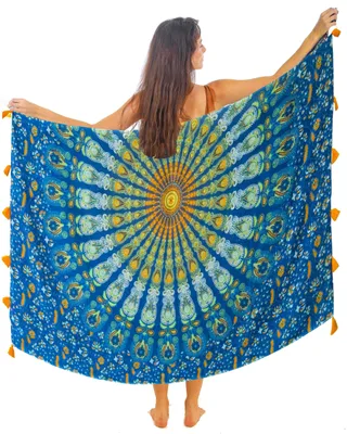 Zdjęcie produktu dla Strandowa narzutka, ręcznie drukowana - Sarong z złotą obwódką - Bawełniana narzutka do stroju kąpielowego - Chusta - Etniczne wzory - Uniwersalne zastosowanie
