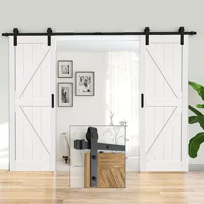 Produktbild von Doppel-Scheunentür-Schiebe-Set, 230 cm, für den Innen- und Außenbereich, robustes Schiebetür-Hardware-Kit