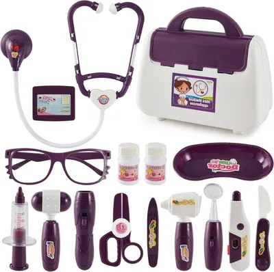 Image de Mallette de docteur pour enfants - Ensemble de jeu médical - Jeu de rôle - Stéthoscope électronique - 22 x 19 x 9 cm - Violet