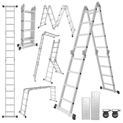 Image de Échelle multifonctionnelle en aluminium Vigevee 7 en 1, avec 4 marches, environ 470 cm / 4,7 m, échelle pliante télescopique avec plateformes, roulettes et surface antidérapante, capacité de charge maximale de 150 kg