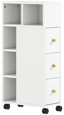 Image de Armoire de salle de bain étroite sur roulettes – 3 tiroirs et 5 compartiments | Couleur : Blanc | Dimensions : 40 x 20 x 80 cm