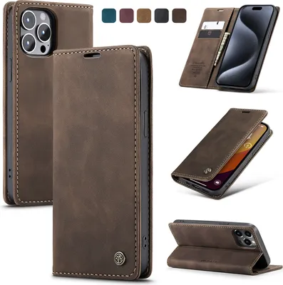 Produktbild von iPhone 15 Pro Hülle, Retro Kunstledertasche Kartenfächer Klapphülle mit Standfunktion Schutzhülle für iPhone 15 Pro Kaffee
