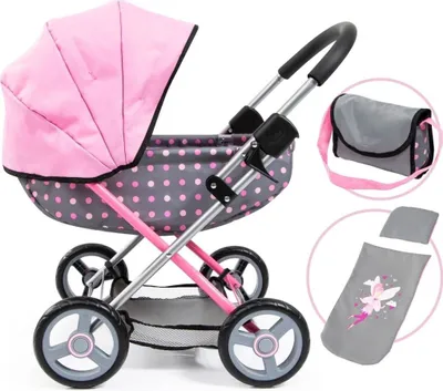 Productafbeelding van Bayer Design 12766AA: Een gezellige kinderwagen voor poppen, opvouwbaar, inclusief tas en dekentje, modern design, grijs met stippen, roze met stippen, 46 cm