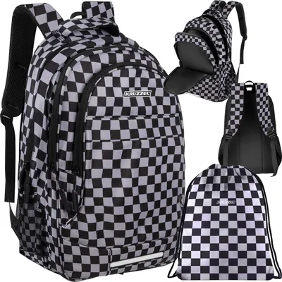 Obrázek produktu pro Školní batoh 30 litrů reflexní ergonomická taška na notebook sportovní taška kostkovaný vzor černobílá 24531