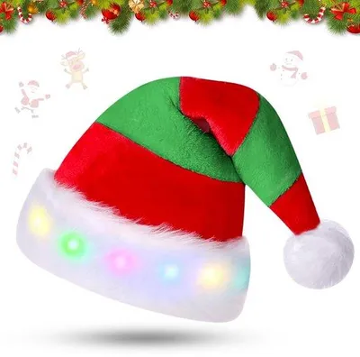 Produktbild von Weihnachtsmütze – Plüsch-Weihnachtsmütze mit LED-Lampen – Warmer, farbenfroher Rand – Ideal für Weihnachtsfeiern – Geeignet für Erwachsene und Kinder