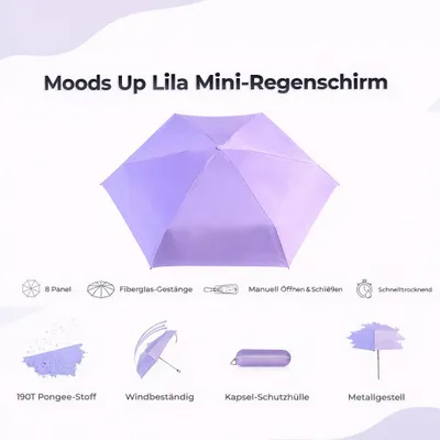 Produktbild von Biggdesign Moods Up Lila Mini Regenschirm, kompakt, winddicht, schnell trocknend, manueller Taschenschirm für Damen und Herren