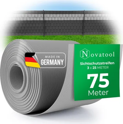 Produktbild von Novatool PREMIUM PP 75m Rollen Sichtschutzstreifen für Doppelstabmattenzaun FENSTER GRAU für 30 Reihen Stabmattenzaun Sichtschutzstreifen langlebig & witterungsbeständig Zaunelemente Sichtschutz