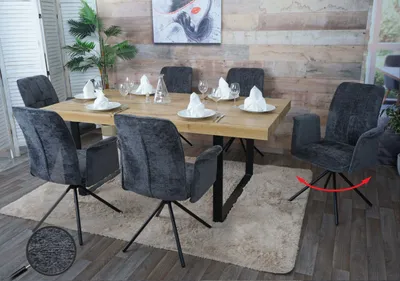 Image de lot de 6 chaises de salle à manger HWC-N99, pivotantes Accoudoirs Auto-Return, tissu/textile chenille (340g/m²) Oeko-Tex ~ gris foncé