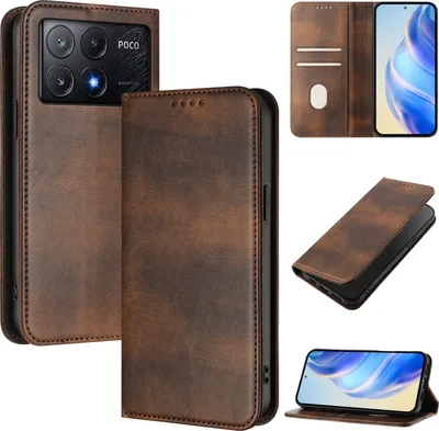Obrázek produktu pro Pouzdro pro Xiaomi Poco X6 Pro/Redmi K70E, vintage kožené pouzdro s RFID ochranou, přihrádkami na karty, stojánkem Hnědý