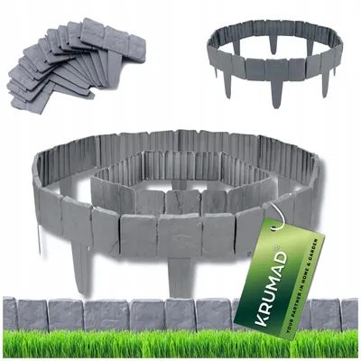 Obrázek produktu pro KRUMAD Sada 2 kusů okrajů pro trávník, plast, vzhled kamene, 10 kusů, celková výška 2,5 metru, šířka 23 cm. Okrajové prvky pro záhony, obruby pro zahrady, systém pro snadnou instalaci, barva: šedá