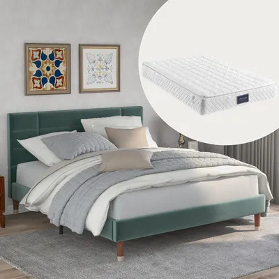 Produktbild von okwish Polsterbett, Doppelbett mit Lattenrost, 140x200cm gepolsteres Bettgestell mit Kopfteil, Samt, für Erwachsene&Jugendliche,Grün(Mit Matratze)