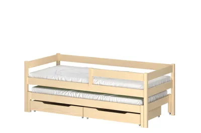 Produktbild von Ausziehbett 140x70 Kinderbett mit Rausfallschutz & Lattenrost naturbelassen 70 x 140 für Mädchen und Jungen Massivholz Kiefer und MDF Möbelplatte, mit Schubladen