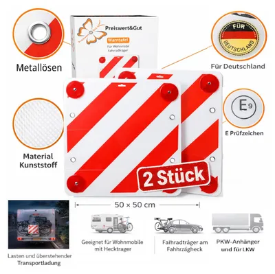 Produktbild von 2x Warntafel Fahrradträger Rot Weiß Warnschild 50x50 cm 4x Reflektor mit E Prüfzeichen Ecken mit 4x Metallösen Fahrradträger Wohnmobil Anhänger LKW Deutschland