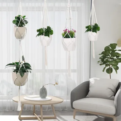 Image de Lot de 6 suspensions pour plantes en corde de coton - Pots de fleurs décoratifs à suspendre au plafond pour la décoration intérieure et extérieure