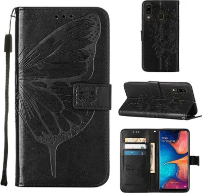 Produktbild von Galaxy A20 Hülle, Schmetterling Prägung Flip Leder Kartenfächer Schutzhülle Ledertasche mit Ständer für Samsung Galaxy A20 / A30 Schwarz