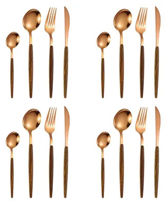 Produktbild von 16-teiliges Besteckset mit Holzgriffen und mattgoldenen K?pfen, Edelstahl-Besteckset, Kš¹chenhelfer-Set, Servierset fš¹r 4 Personen