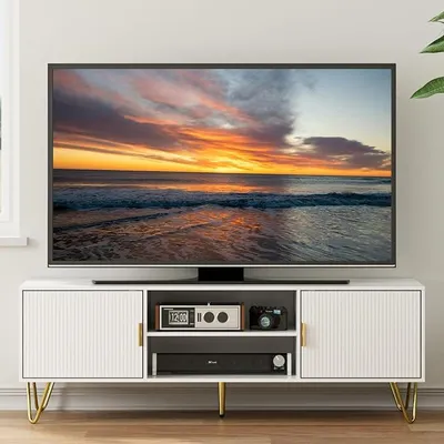 Zdjęcie produktu dla Szafka RTV, komoda pod telewizor do 65 cali, szafka RTV dwudrzwiowa z szafkami, idealna do salonu (biały, 137 x 38 x 48 cm)