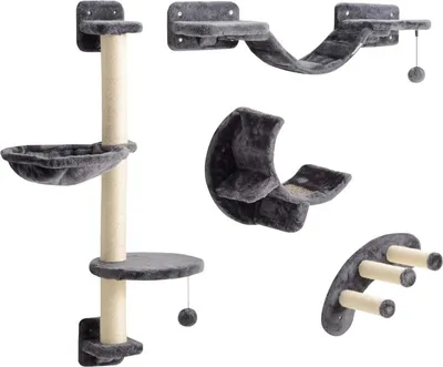 Image de Mur d'escalade pour chats 4 pièces Set mur d'escalade pour chats avec hamac, pont pour chats jusqu'à 5 kg, gris foncé