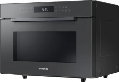 A studio shot of a black Samsung microwave oven.