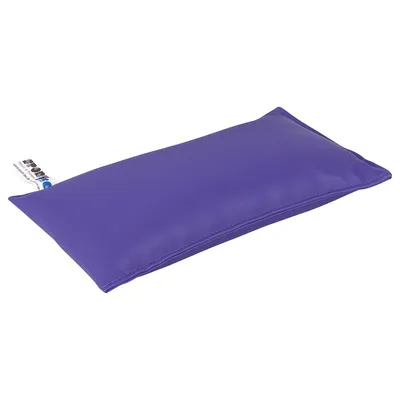A purple weighted bag with a tag on a white background.
