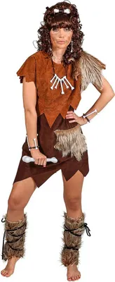 Steinzeit Kostüm Urmensch Kleid mit Stulpen für Damen Gr. 36-46 braun Neandertalerin Fasching Karneval Mottoparty Paar- und Gruppenkostüm