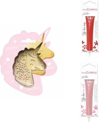 Produktbild von Einhorn Relief Kekspackung + 2 rote und rosa pastellfarbene Schokoladenstifte