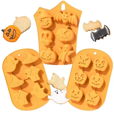Produktbild von Silikon Backform Set Halloween Kürbis Fledermaus Schädel 3 Stück